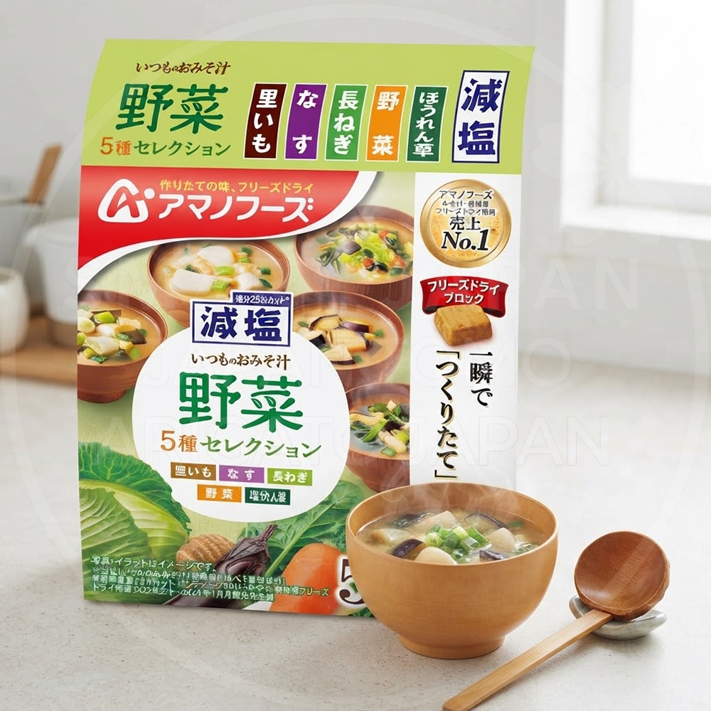 일본 아마노푸즈 즉석 된장국 이츠모노 오미소시루 테마히마 5종셀렉션 저염 야채 5봉입 연두 /일본 즉석된장국